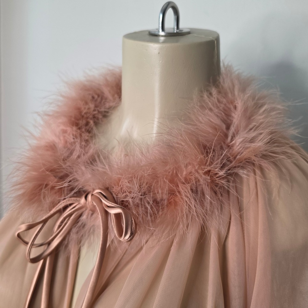 Intime of California Robe Women M Pink Sheer Feather Trim Long Mesh Vintage - Picture 8 of 10